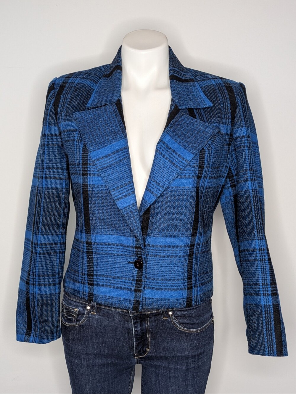 Vintage Nanci Jennifer Blue Black Plaid V Neck Button Up Long Sleeve Blazer S